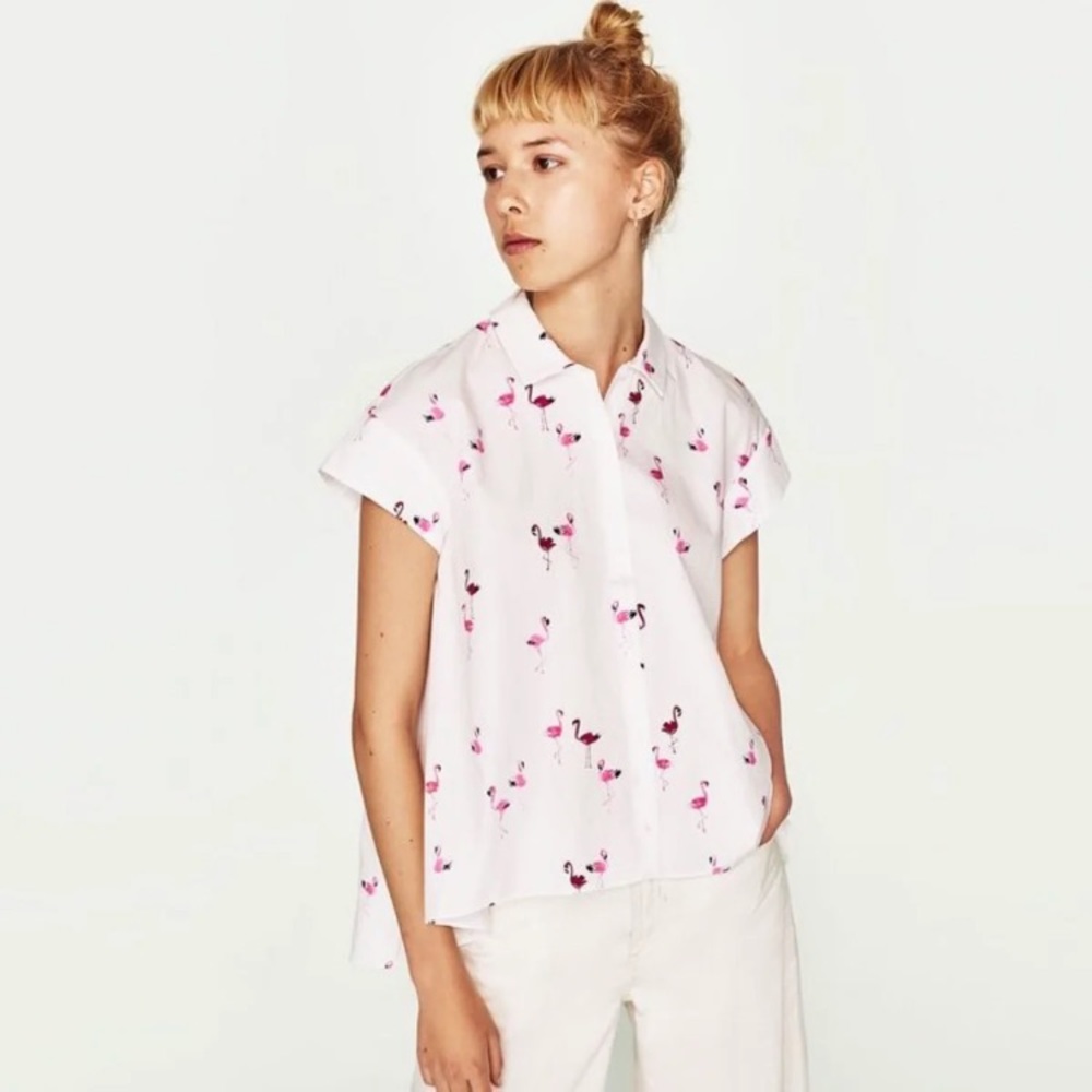 Zara White Pink Flamingo Button Up Top Sz XS High Low Hem
